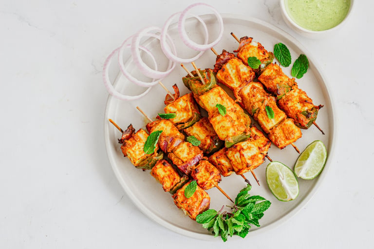 Indian Cottage Cheese Kebab with Mint Chutney, Vegetarian Appetizer Photo